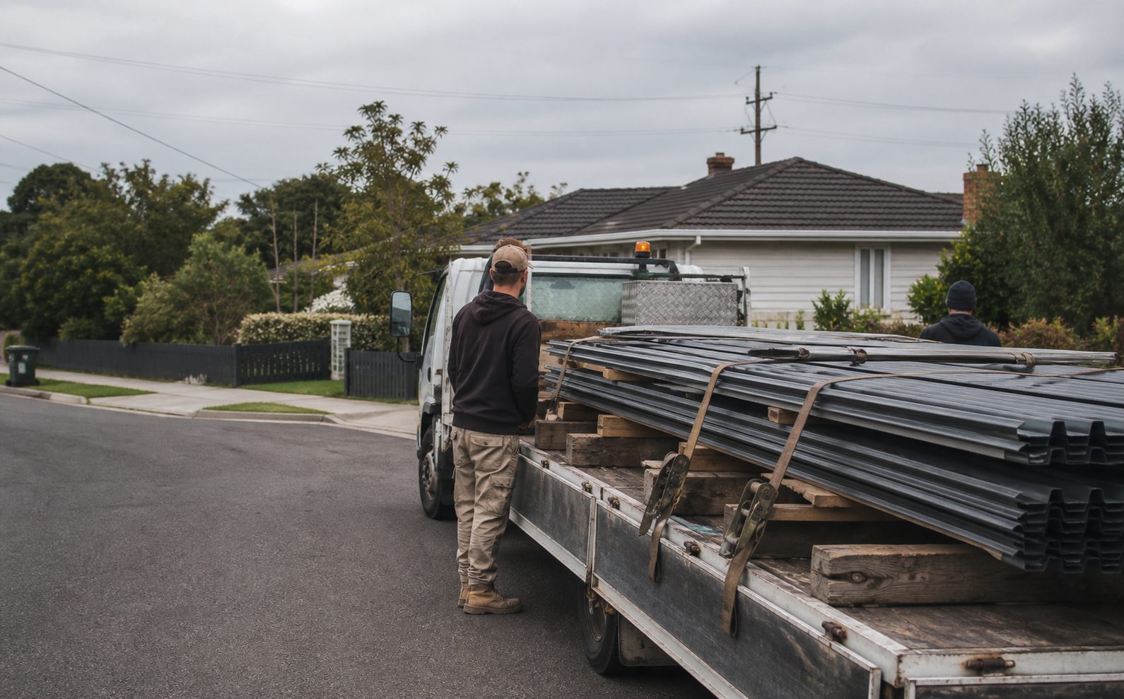 Unbranded steel roofing material secured on a small truck arriving at a suburban residential site